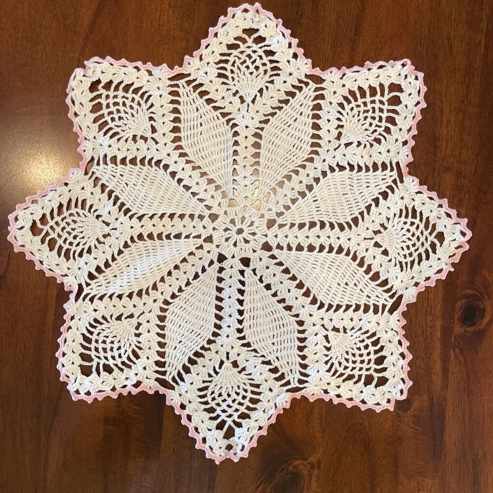 Vintage 16” Hand Crocheted 8-Point Pinecone Star Doily Cream & Pink Lace Mandala